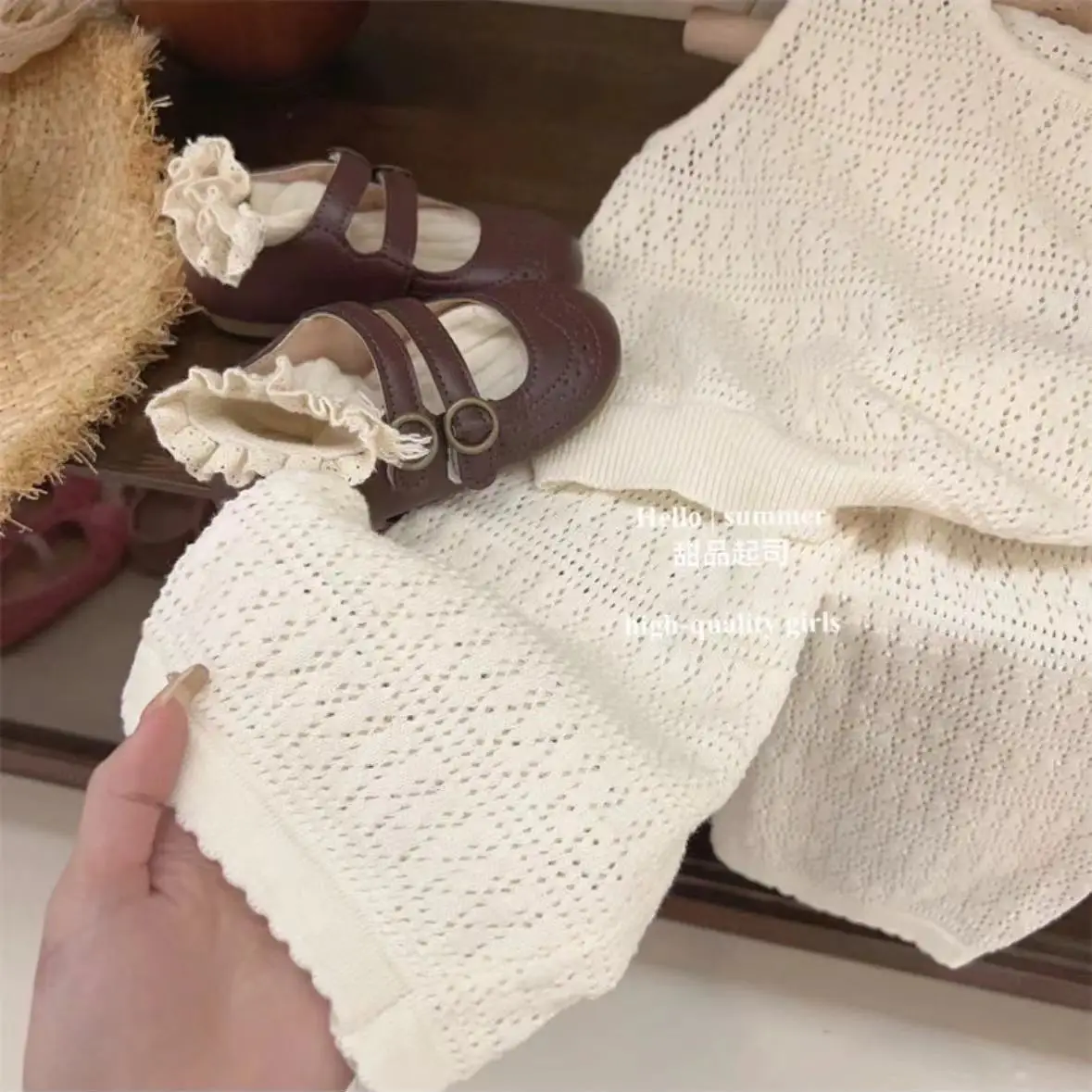 Girls' set summer thin style western-style knitted set children's hollow vest wide leg pants two-piece set