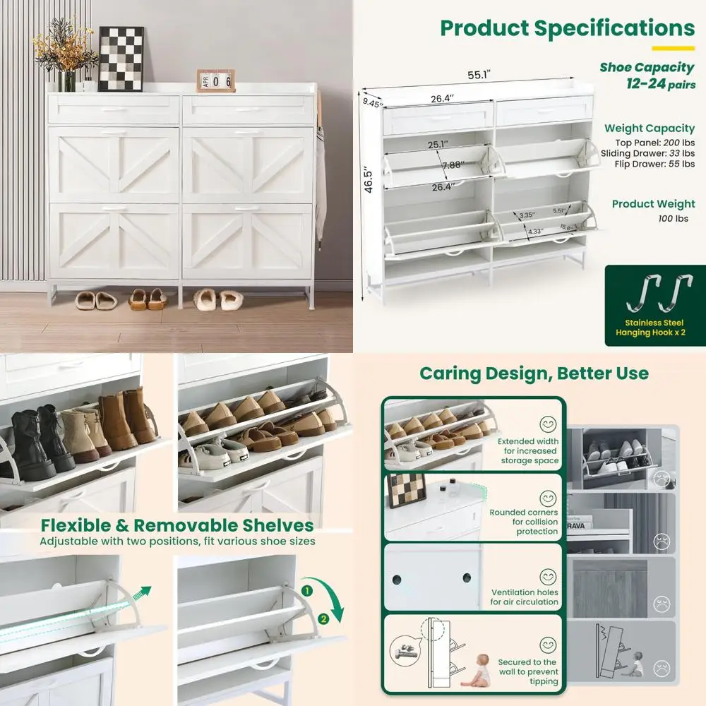 Farmhouse Style Shoe Organizer with 4 Flip Drawers and 2 Additional Drawers - Metal Base Storage Cabinet for Efficient Shoe Mana