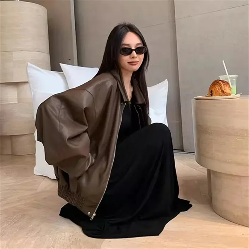 Marrom preto feminino coreano curto falso jaqueta de couro do plutônio primavera outono nova casual lapela manga longa feminino jaqueta motociclista streetwear