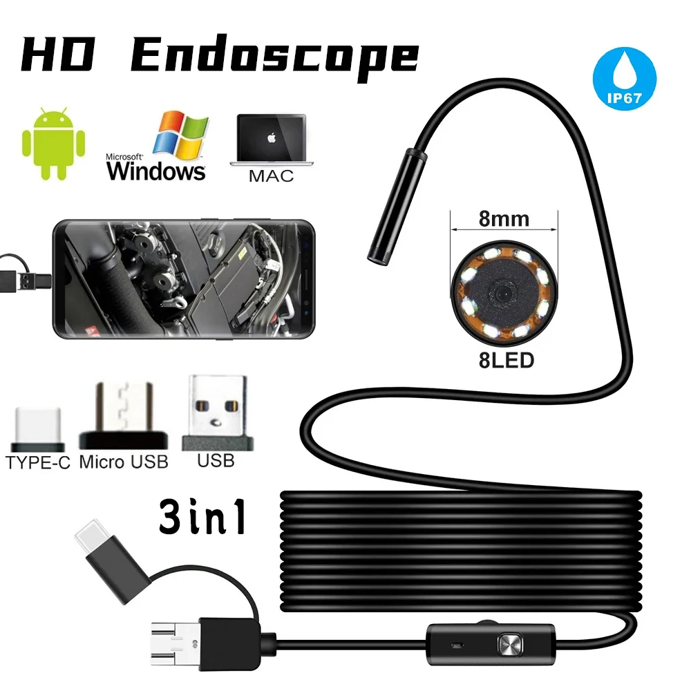 Nova câmera endoscópica android de 8mm 3 em 1, micro usb tipo c, mini câmera à prova d'água, led, inspeção de carro para huawei xiaomi pc