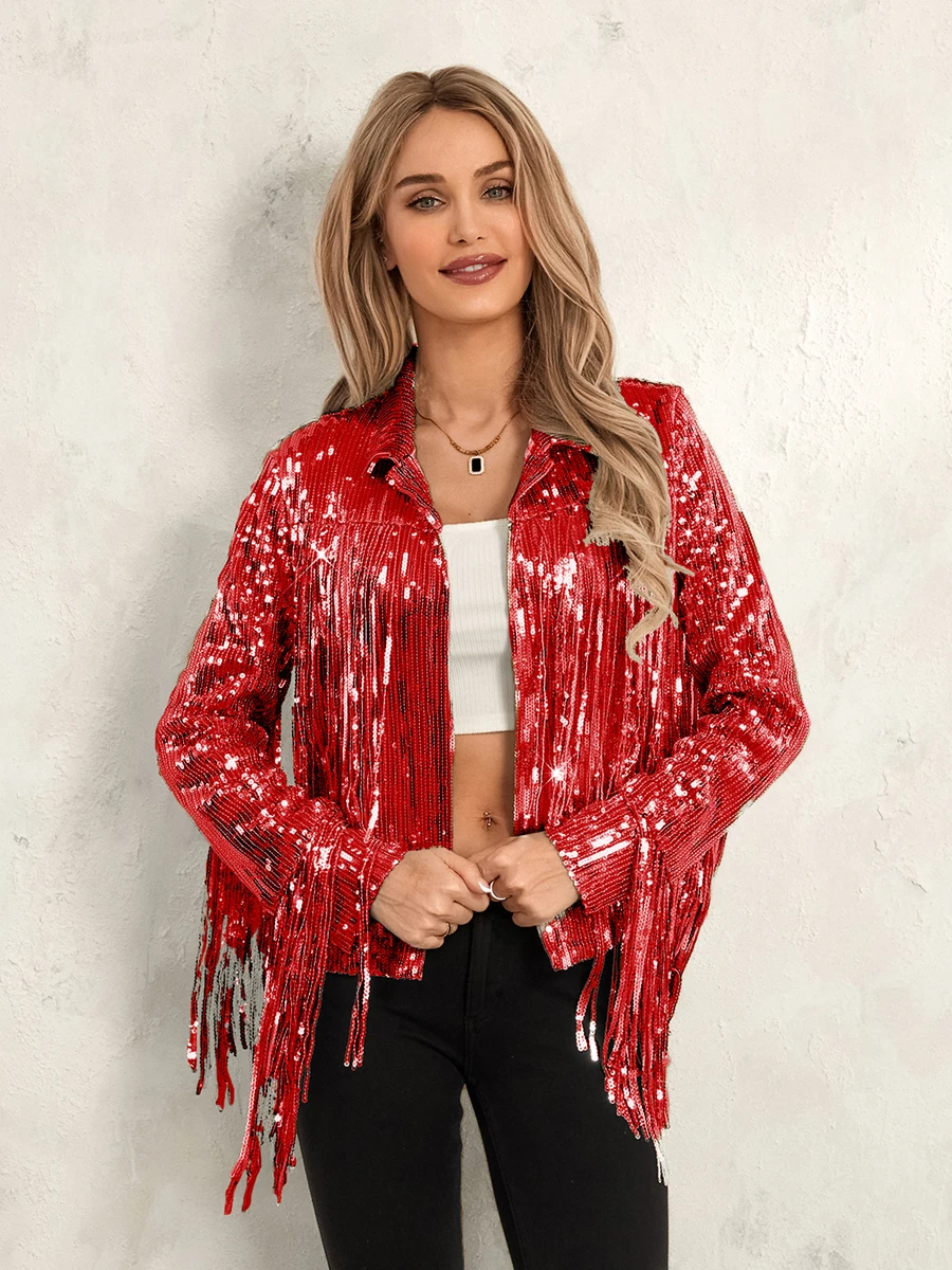 Women Disco Cowgirl Jacket Lightweight Casual Sequin Tassels Long Sleeves Cardigan Coat for Outwear Streetwear