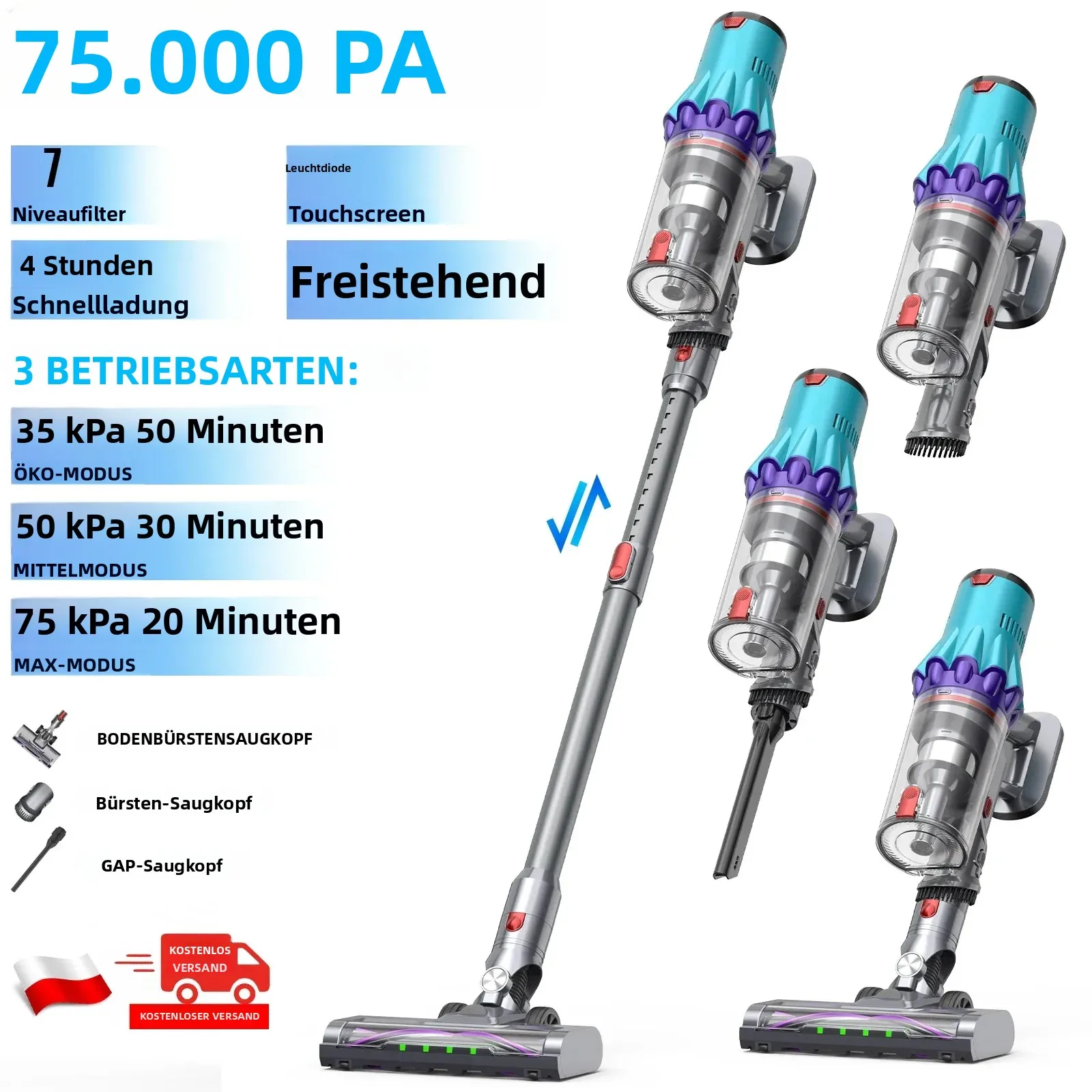 OMESER 75000Pa Kabelloser Staubsauger mit Anti-Verwicklung-Technologie, Bürstenloser 50-Minuten-Motor, Handstaubsauger für Zuhause, Tierhaare und Teppiche
