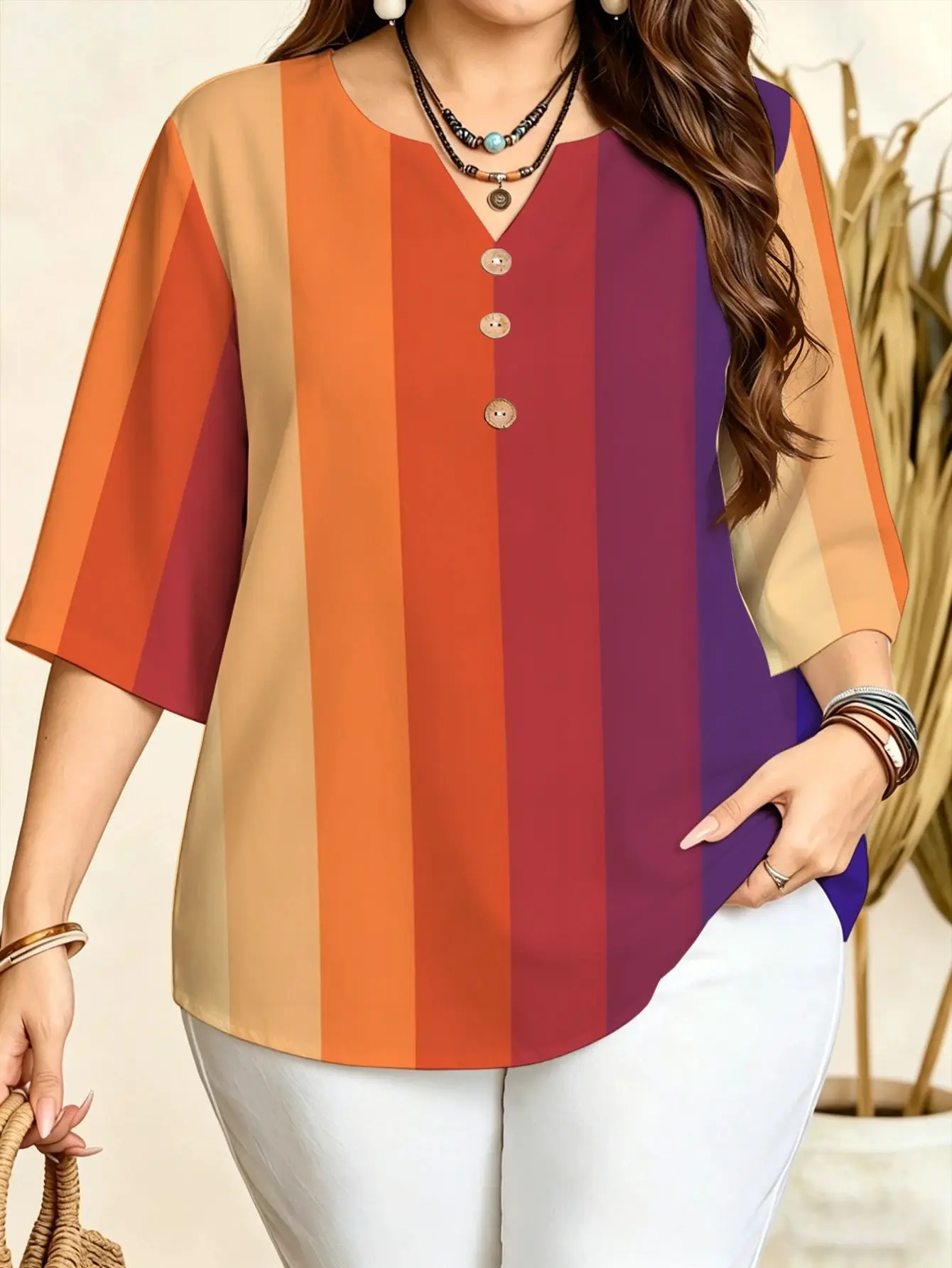 Women Notch V Neck 3/4 Sleeve Blouse Multicolor Vertical Horizontal Radial Stripe Print Loose Daily Wear Top