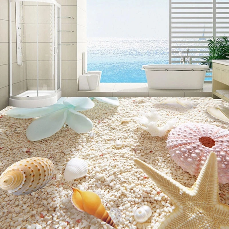 Customized 3D Floor self-adhesive Wallpaper Shell On The Beach Living Room Bathroom Removable Peel Off Floor Sticker wall fabric