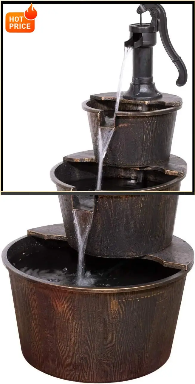 

Bestseller40" Tall Outdoor Floor Tiered Rustic Pump and Barrel Water Fountain, Old-Fashioned Waterfall for Garden, Patio, Yard D