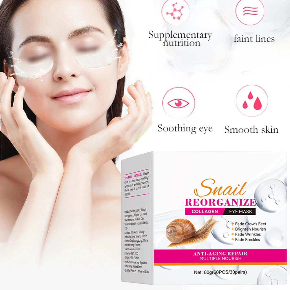 30 Pairs Eyes Patch,Snail-Reorganize Collagen Eyes Mask Collagen-Snail Eyes Patch Remove Bags Dark Circles Under Eye Pads