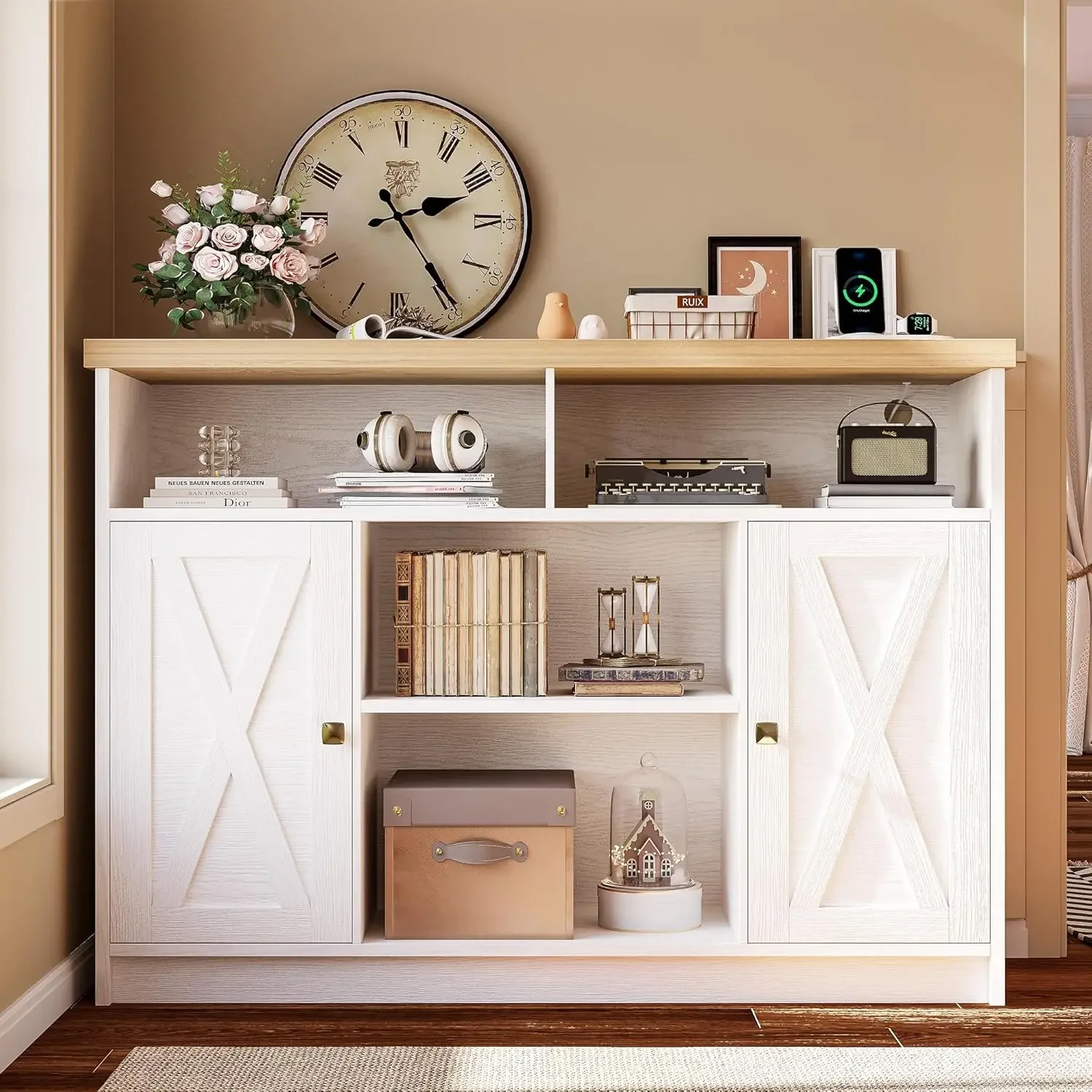 Coffee Bar Cabinet with Power Strip, 47” Storage Cabinet with Barn Doors and Thickened Top Board, White Sideboard, Buffet