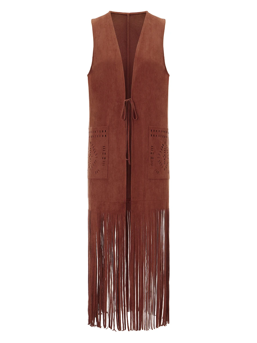 Womens Vintage Western Fringe Vest Tops Classic Suede Leather 70s Cowgirl Shirt Sleeveless Tassels Long Cardigan Jackets Coat