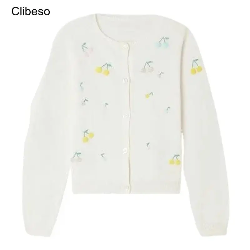 

2024 Clibeso Embroidered Cardigan Spring Baby Girls Clothes Embroidered Knitted Cherry Cotton Sweater Kids Clothes Coat Outwear