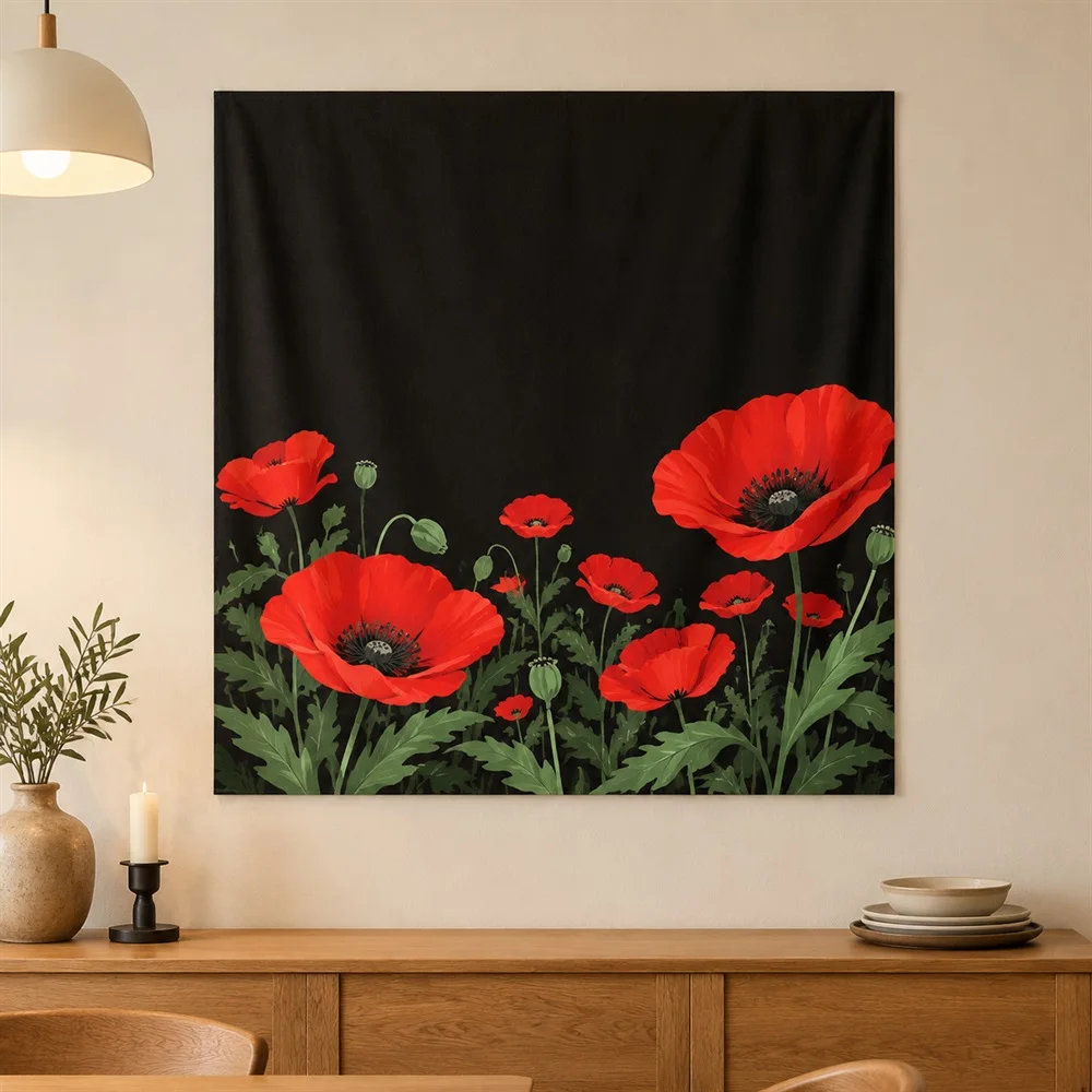 VIKAMA Poppy Flower Tapestry Wall Hanging, HD Print Wall Art, Modern Floral Decor for Living Room Bedroom Office Study