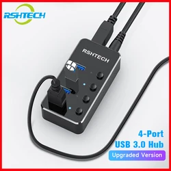 RSHTECH USB Hub 3.0 Expander Splitter with 5V 2A Power Adapter and Individual ON/OFF Switches