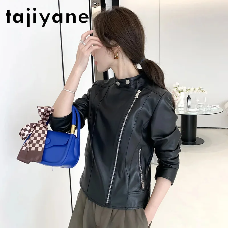 Tajeyane-Chaqueta corta de piel de oveja auténtica para mujer, abrigo elegante de cuello redondo, 100%