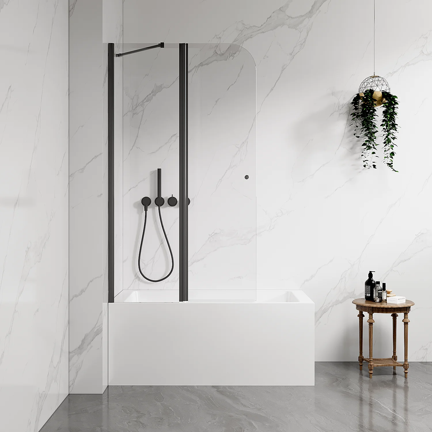 Custom Toilet and Shower Room Frameless Pivot Shower Screen for Bathtub Black Wall Profile Tempered Glass
