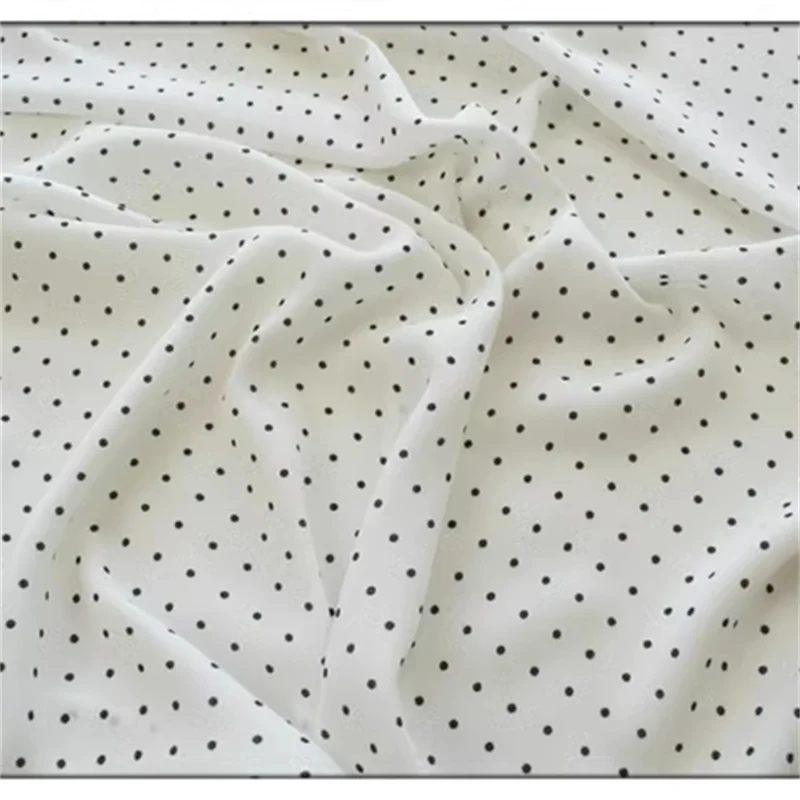 

White polka dot chiffon polyester fabric, soft and breathable clothing, Hanfu handmade qipao, spring and summer printed fabric