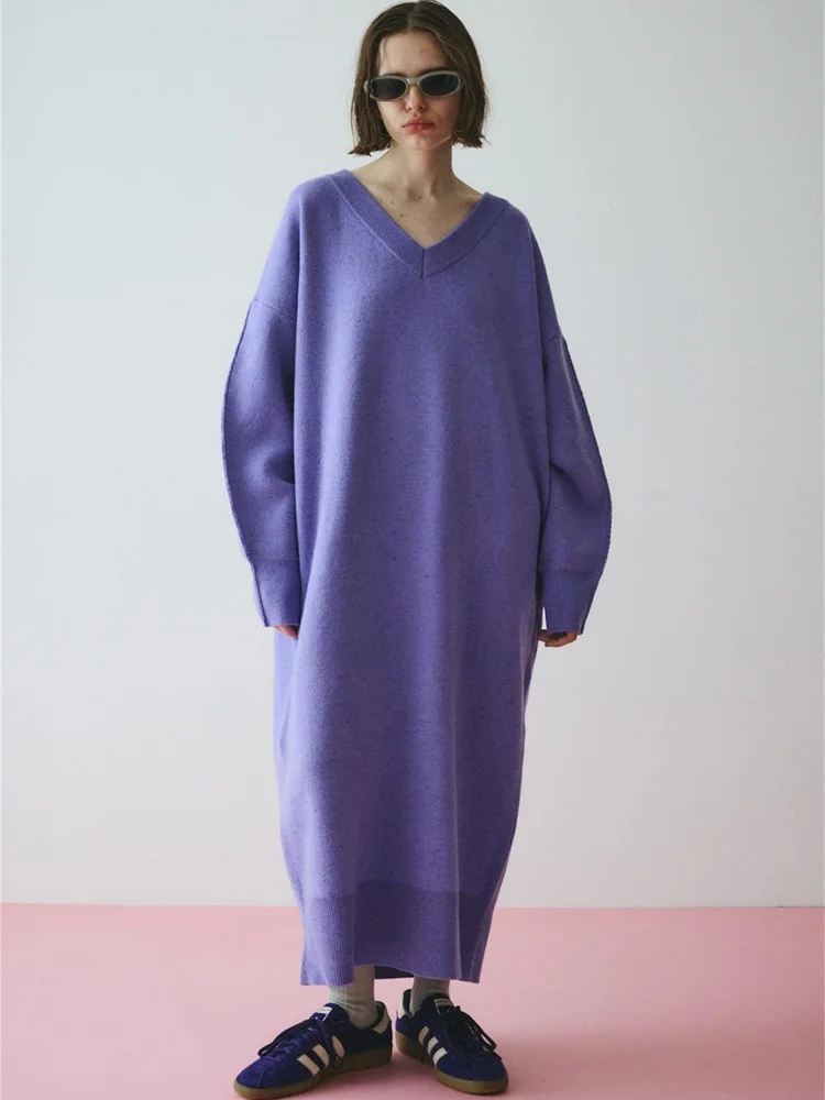 

Ретро-платье-свитер миди с V-образным вырезом, свободного кроя, из смешанных цветов, с оригинальным дизайном, женское, модное, осенне-зимнее, повседневное