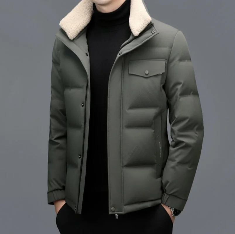 Winter New Men's Thick Down Jacket Short Collar Detachable White Duck Down Warm Casual Business Jacket Youth Handsome Coat