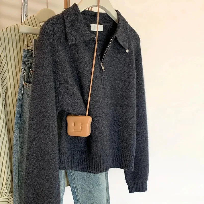 Koreaanse 2025-kraag Semi-rits Temperament Herfst en winter Polokraag Nieuwe reverstrui Trui Damestop