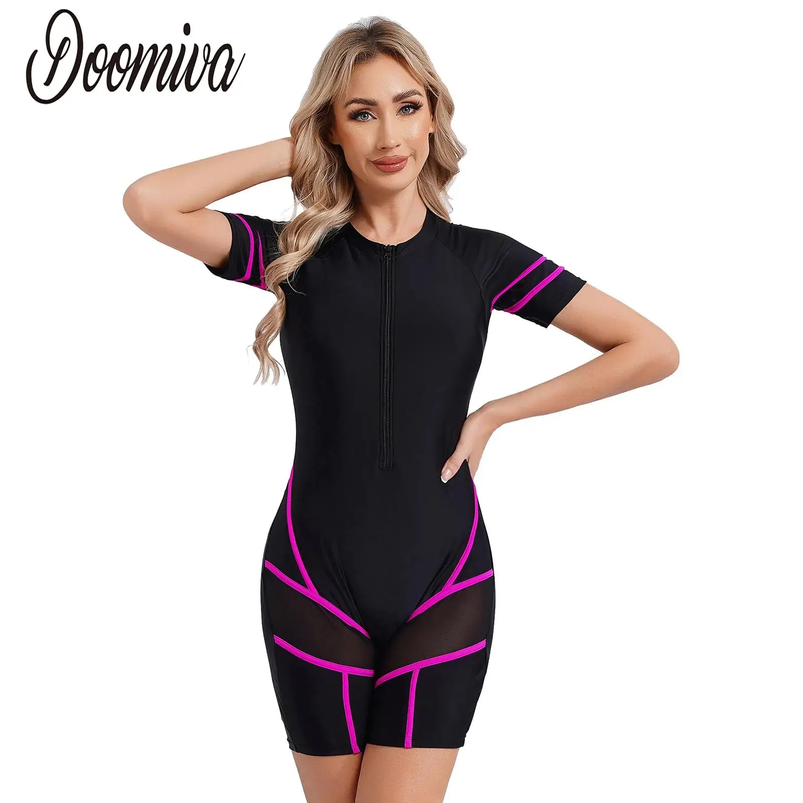 

Women One-piece Swimsuit Swim Short Sleeve Chest Pads Zipper Swimwear Mesh Patchwork Bodysuit Rash Guard Beach Surfing Wetsuit