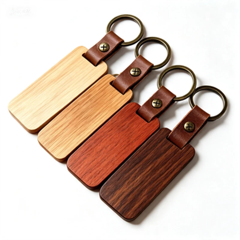 40Pcs DIY Craft Blank Wooden Keychain,Natural Wood Color Rectangle Key Tags with Leather Strap Metal Rings