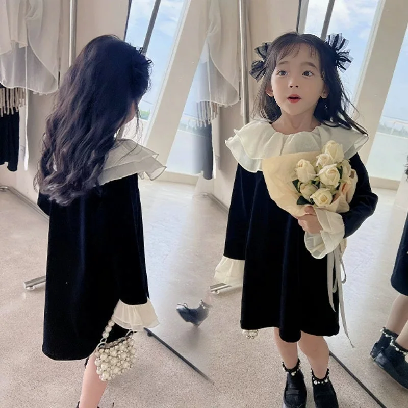 2026 Girls Casual Dresses Spring Season New Korea Childrens Clothing Korean French Retro Style Lace Collar Simple Trendy