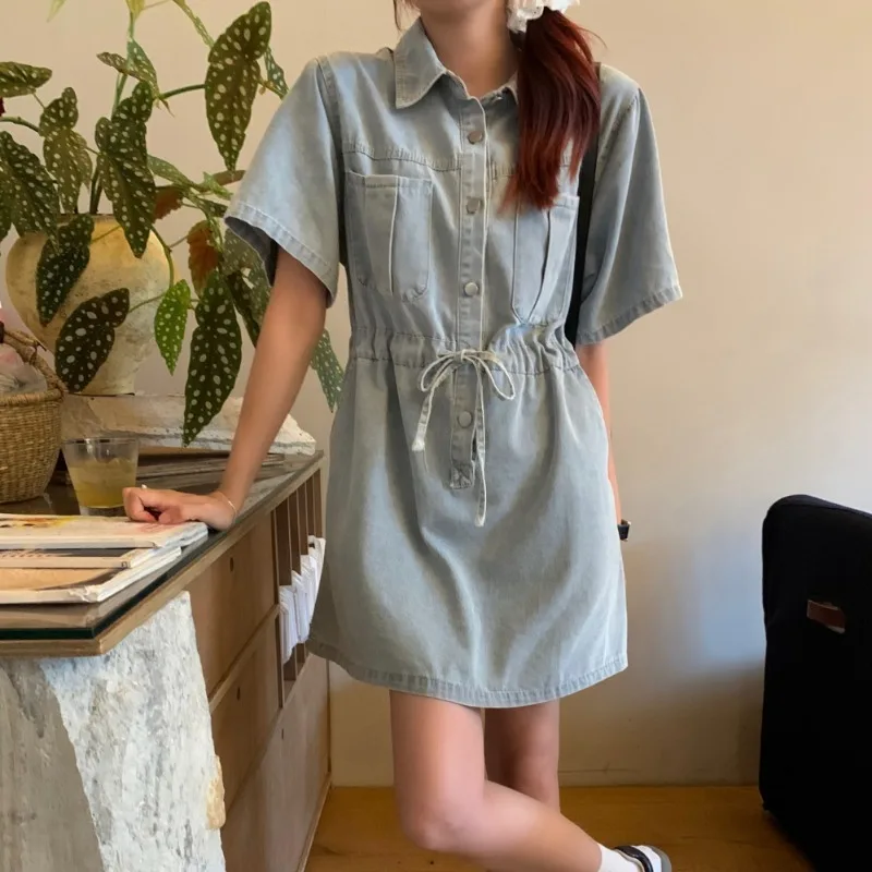 女性用半袖デニムドレス,ラペルカラー,ドローストリング付きチュニック,エレガントなサマードレス,2022