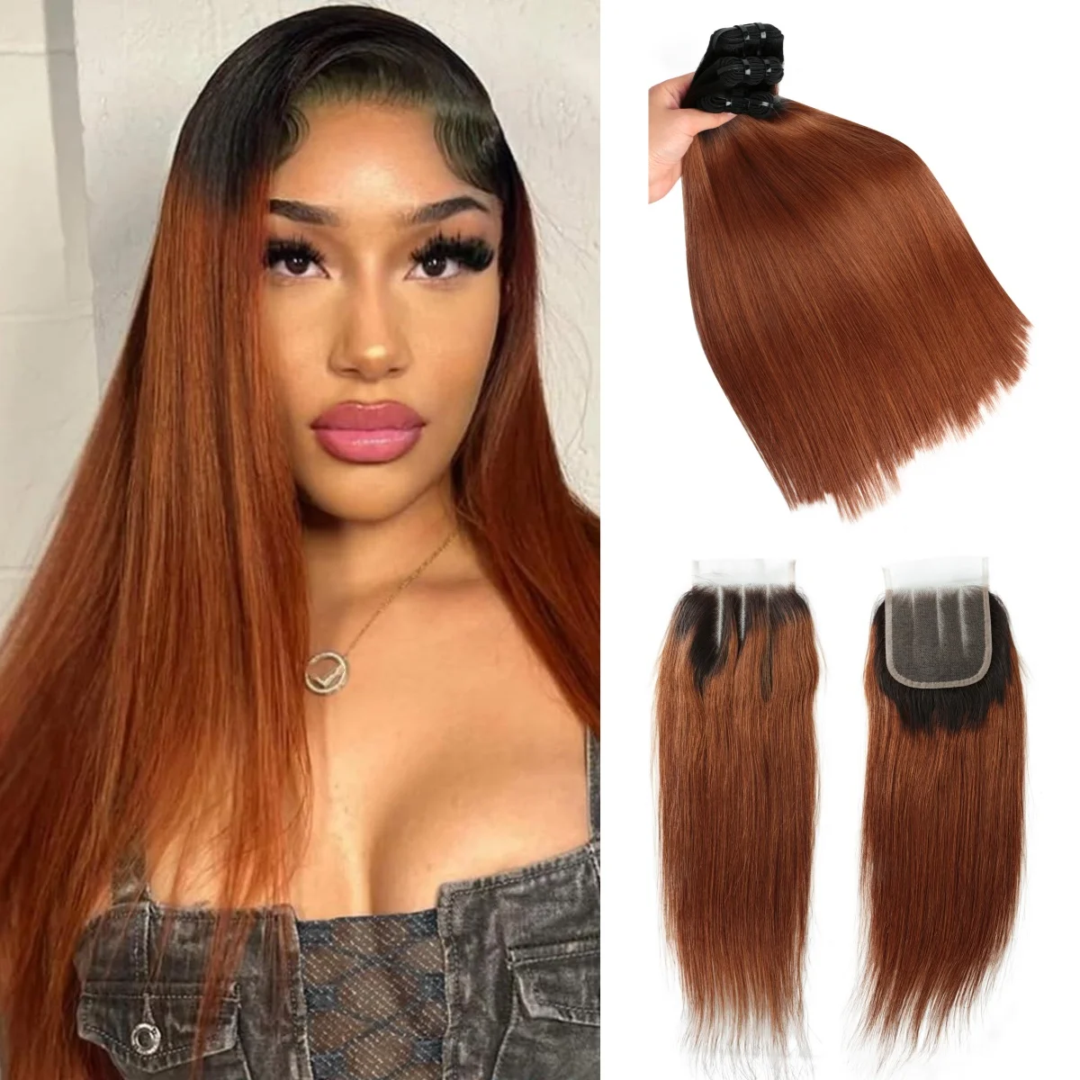 

Ombre 3 Bundles With Closure 1B/30 Straight Human Hair Extensions 100% Human Hair Bundles With 4x4 Lace Hair Closure Pre Plucked