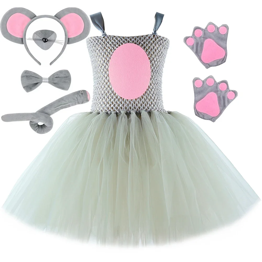 Grey Mouse Rat Costume Kids Tutu Dress with Ears Headband Tail Bow Tie Nose Gloves Girls Halloween Carnival Animal Mice Dress Up