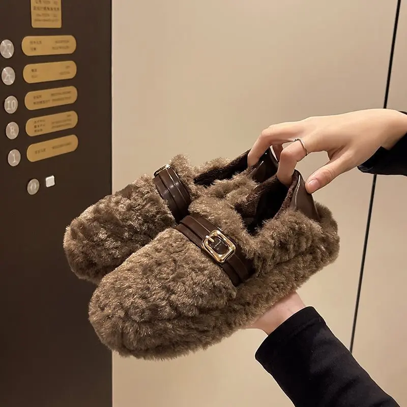 Designer Women Boots Trend 2026 Winter Warm Fur Flats Women Snow Boots Fashion Shallow Belt Buckle Ladies Comfort Loafers Shoes