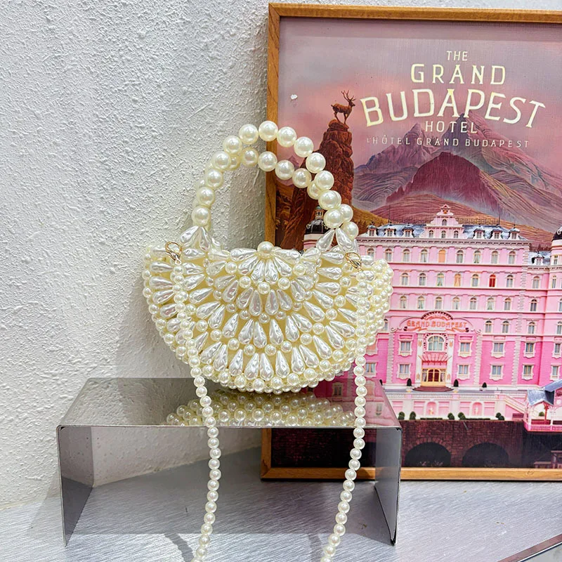 

High Quality Fashion Pearl Beading Handmade Bucket Bag Luxury Evening Bag Women Handbag Wedding Party Clutch Purse Shoulder Bag
