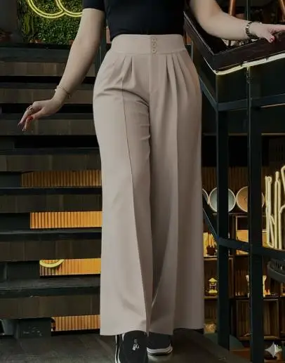 Women's Pants 2025 Spring Autumn New Solid Color High Waist Adjustable Button Pants Pocket Casual Back Shirred Wide Leg Pants