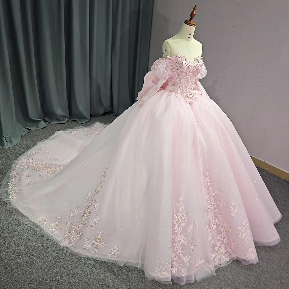 Brilhante fora do ombro vestido de renda lantejoulas, vestido rosa Quinceanera, grânulos arco trem tribunal, 15 anos, DY6774