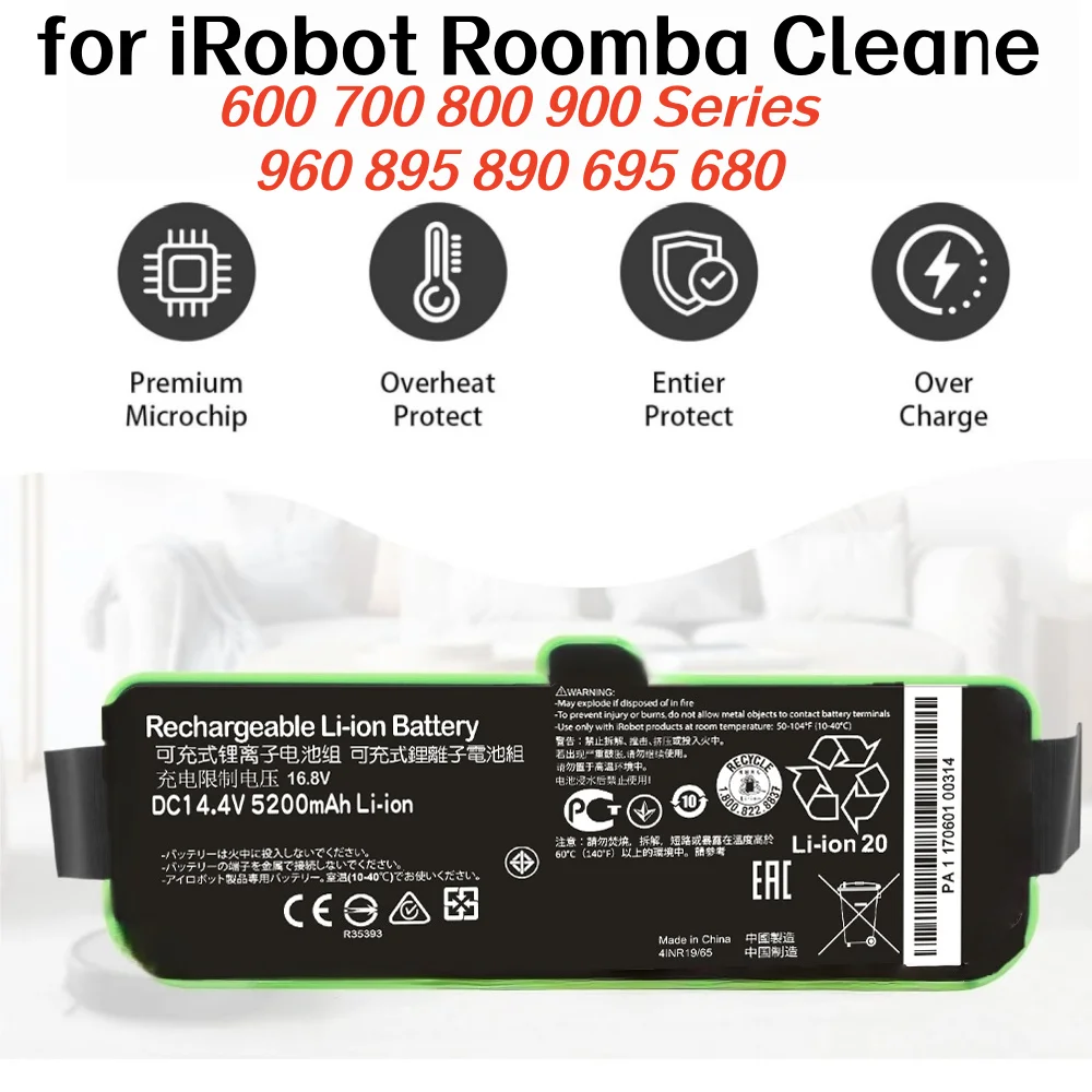 

IRobot Roomba 960/980/981 895/860 695/692 900-600 замена аккумулятора для пылесоса, высокая емкость 18650 литиевая батарея 5200 мАч