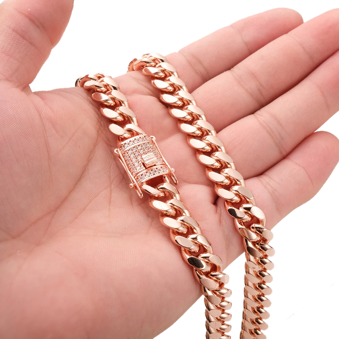 Granny Chic Curb Cuban Link Chain Necklace for Men Women, Rose Gold Tone Stainless Steel Jewelry with Bling CZ Clasp, 10mm/14mm