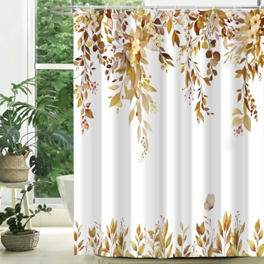 

Eucalyptus Shower Curtains for Bathroom Brown Watercolor Leaves with Floral Shower Curtain Sets with Hooks Waterproof Fabric Bo