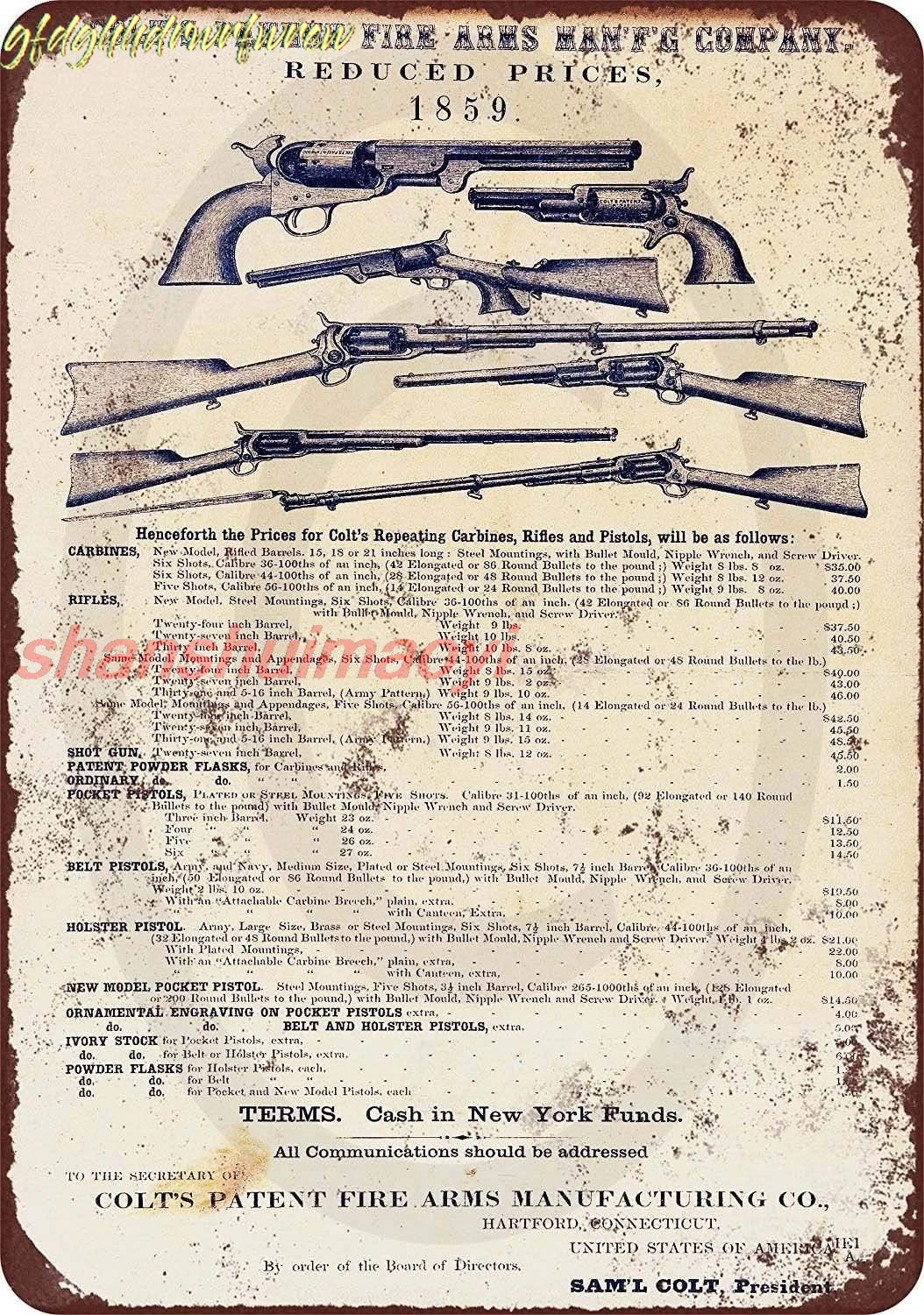 Tin Sign 1859 Colt Firearms Vintage Look Reproduction Metal Sign 8 x 12 sign