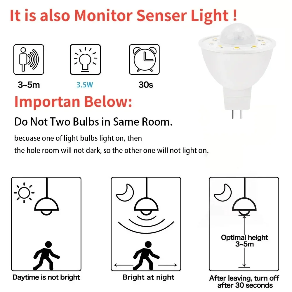 MR16 PIR Motion & Night Light Sensor lampadina a LED 3.5W equivalente 50W 500lm bianco 6000K scale Garage corridoio passerella corridoio 2Pack