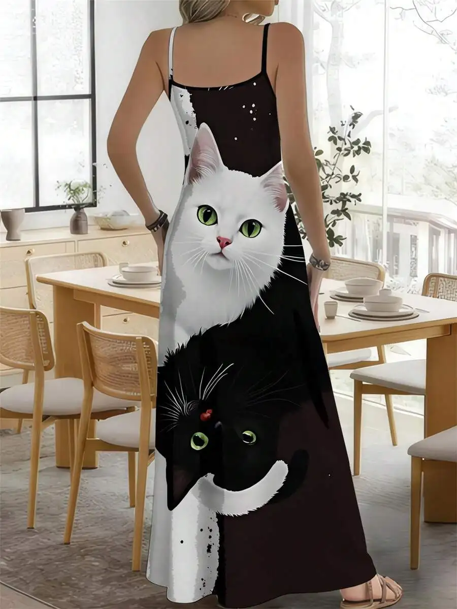 

Womens V-Neck Sleeveless Maxi Dress With Full Cat Print Spaghetti Strap Slip Flowy Beach Dress