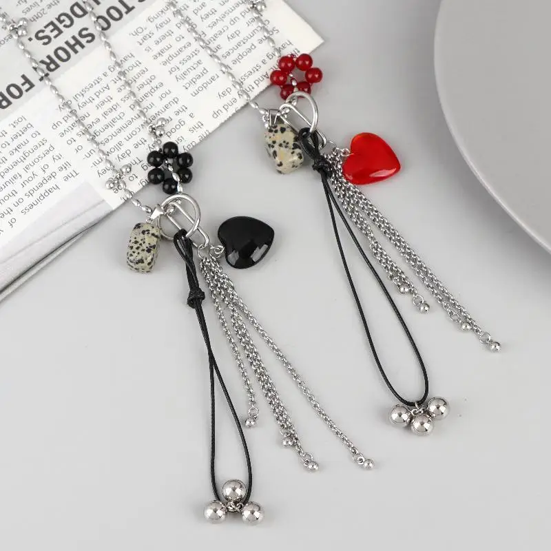 여성 소녀용 스팟 무늬 사각형 참 장식 롱 체인 목걸이 선물 패션 컬러풀 크리스탈 하트 태슬 펜던트 목걸이 1개