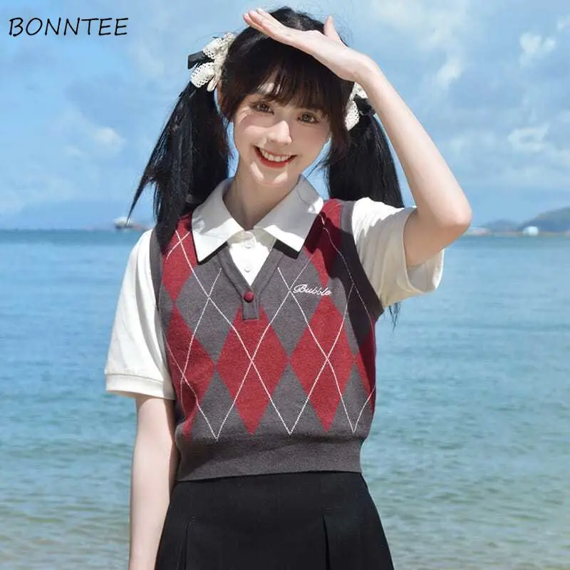

Y2k Sweater Vest Women Knitted Slim Vintage Argyle Spring Fall Cropped Knitwear Basic Sleeveless All-match Japanese Preppy Style