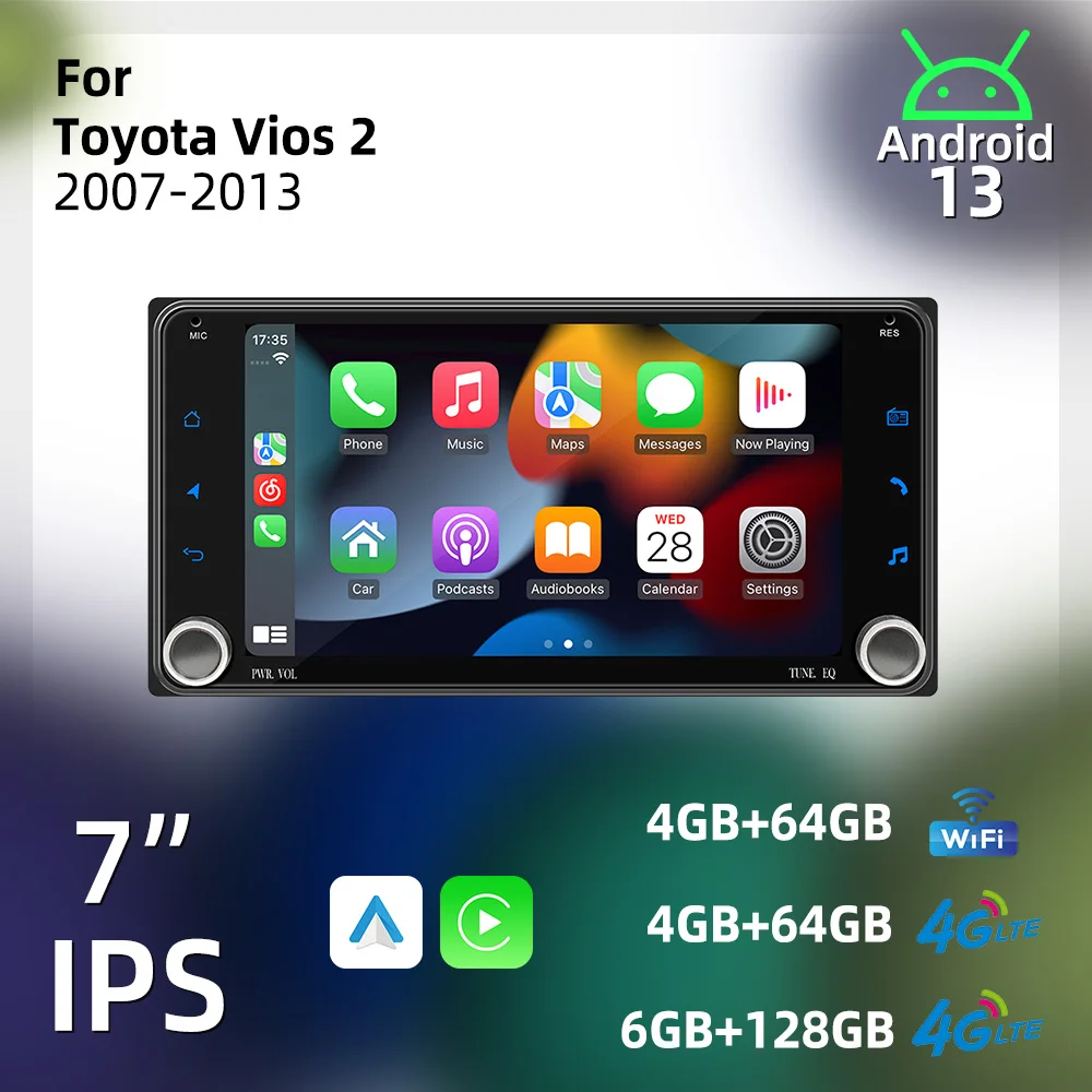 

Автомобильное мультимедийное радио 2Din Wireless Carplay Android для Toyota Vios2 Vios 2 2007-2013, 7-дюймовый экран, стерео GPS BT, WIFI, навигация