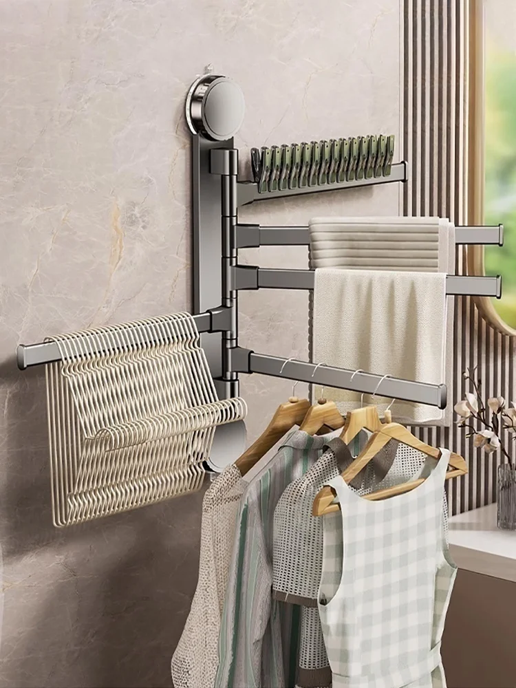 No-Drill Suction Cup Bathroom Rotating Multi-Arm Balcony Clothes Rack Wall-Mounted Storage Towel Rack