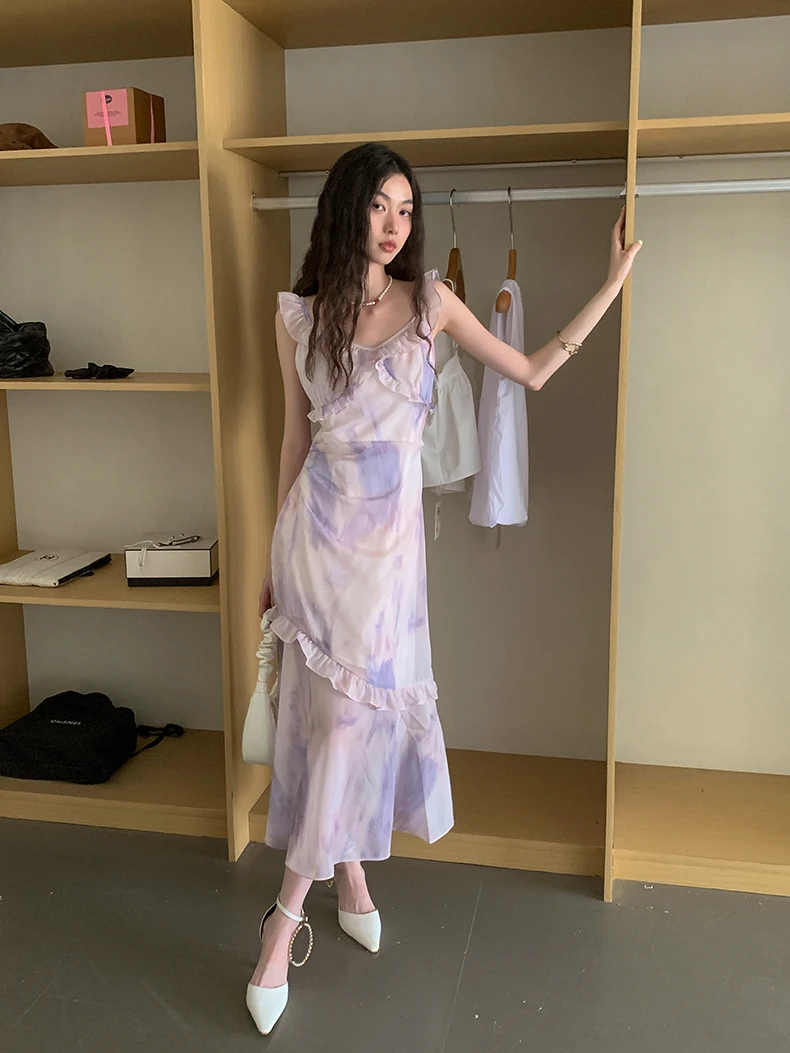 CHEERART Tie Dye Purple Ruffles Long Dress For Women 2023 Summer V Neck A Line Sleeveless Midi Dress Korean Fashion