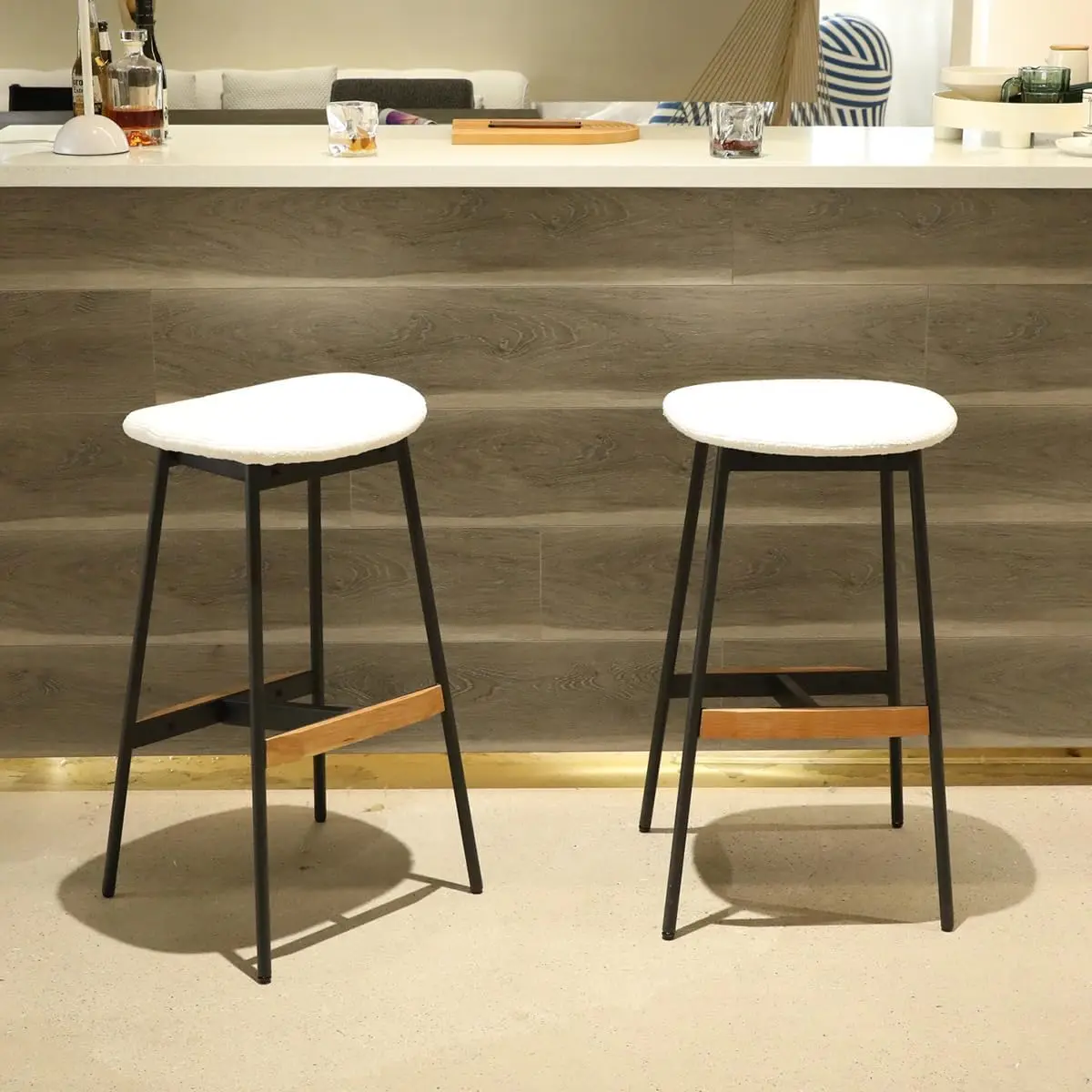 

Bar Stools Set of 2, Bar Height Saddle Bar Stools, Boucle Fabric Modern Backless Kitchen Counter Stools,Metal Base Barstools