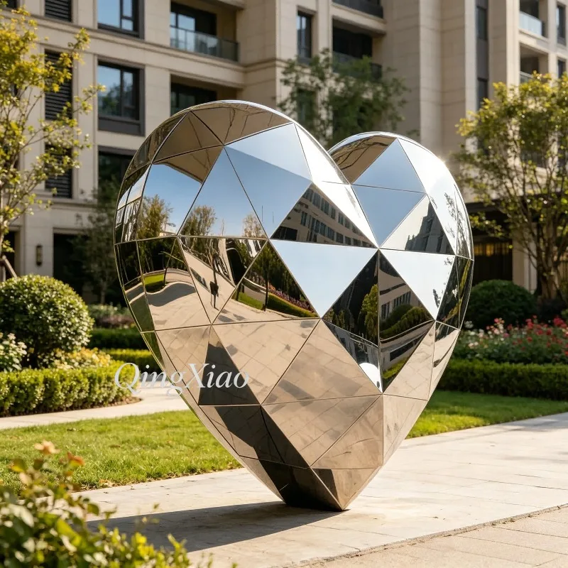 Mirror Polished Faceted Heart Stainless Steel Sculpture Custom Size Style Decor Outdoor Park Square Romantic Landmark Landscape