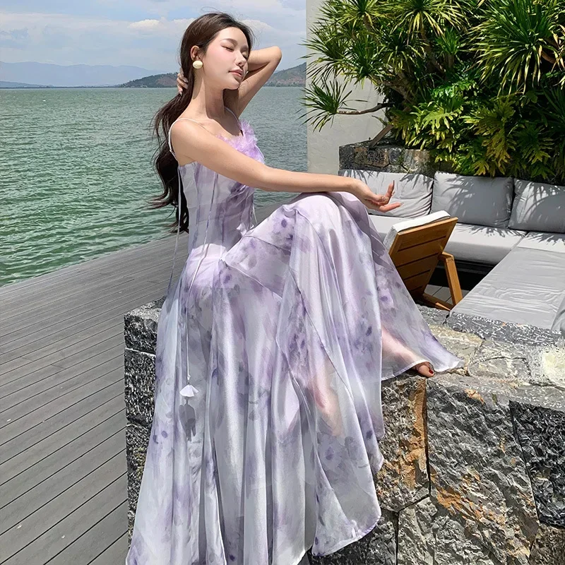 

2025 NEW Sexy V-neck Wide Hemline Women's Long Dress For Vacation Beach Outfits Summer Fashion Purple 3D Flower Tank Dress