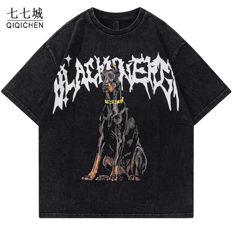 Vintage Punk T Shirts Streetwear Hip Hop Doberman Dog Animal Graphic Print Gothic Washed Tshirt Harajuku Fashion Casual Top Tees