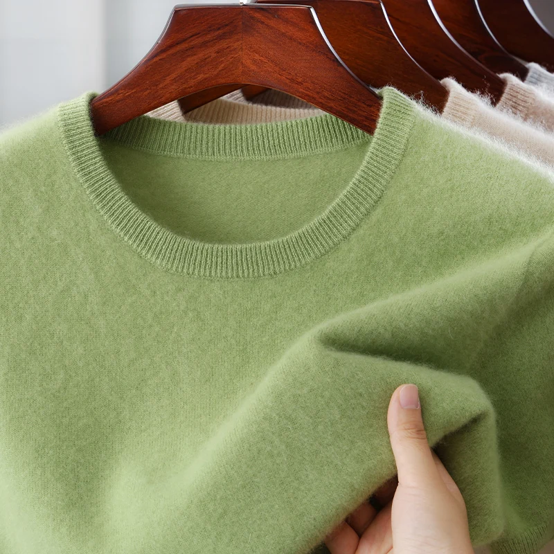 

Запуск нового продукта: мужской вязаный свитер с круглым вырезом и короткими рукавами из 100% мериносовой шерсти, повседневный свободный пуловер, жилет, универсальная футболка