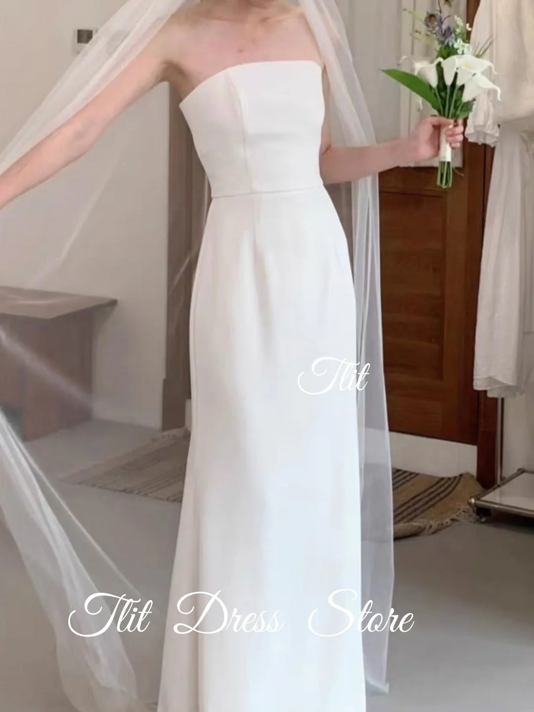 TLIT فستان زفاف أنيق من الساتان الأبيض المطاطي على شكل حرف a مخصص بدون حمالات مشد فستان زفاف كوري فستان الزفاف صور تبادل لاطلاق النار