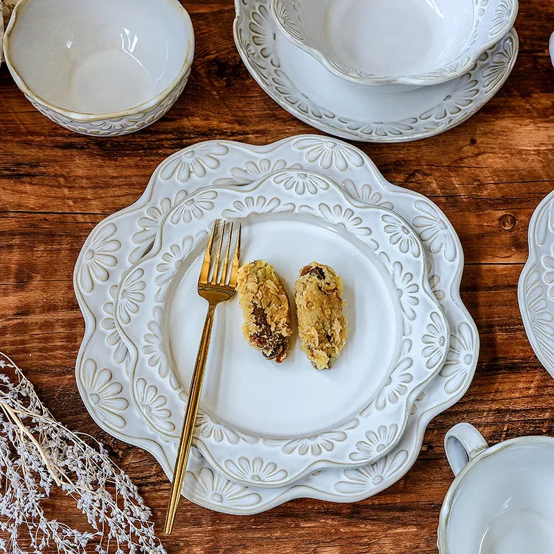 French kiln glaze relief, plate retro high sense, dessert plate cake, dim sum plate, steak western food