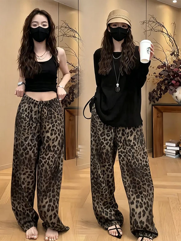 

European Cool Fashion Leopard Print Wide Leg Pants Set Women Summer Style Small Audience Splice Lace Top Bottoms Two Piece Set